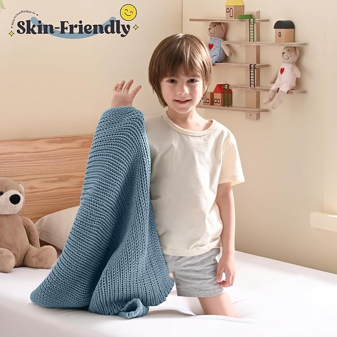 Guohaoi Knitted Weighted Lap Pad (Haze Blue 20"x30" 2lbs) No Beads Cooling Weighted Blanket, Breathable Chunky Knit Blanket, Small Throw Blanket for Travel Indoor Outdoor