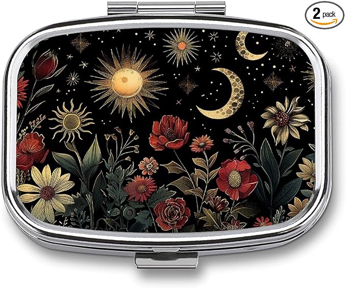 Metal 2 Compartment Pill Organizer Travel Friendly Portable Compact Pill Box Cute Pill Case,for Pocket Wallets Daily Portable Medicine Vitamin Tablet Storage (The Dark Night)