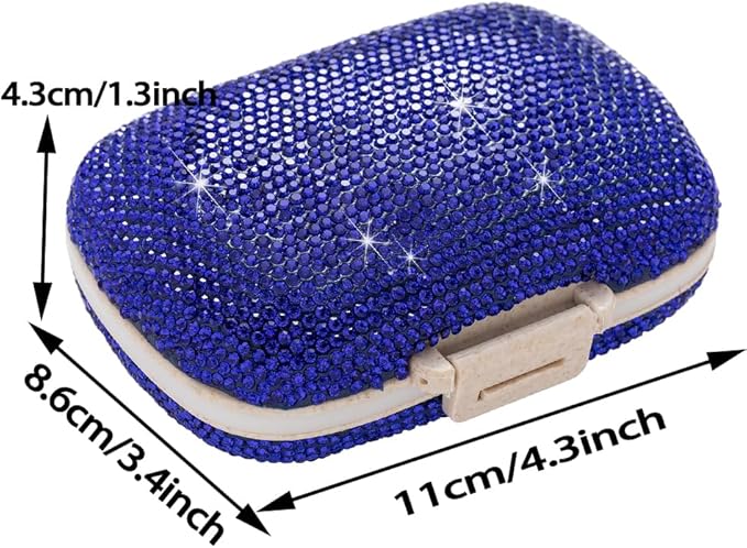 Daily 6 Compartments Pill Box Container Bling Diamond for Purse Medicine Container Holder for Women Travel Kit Medicine (Dark Blue)