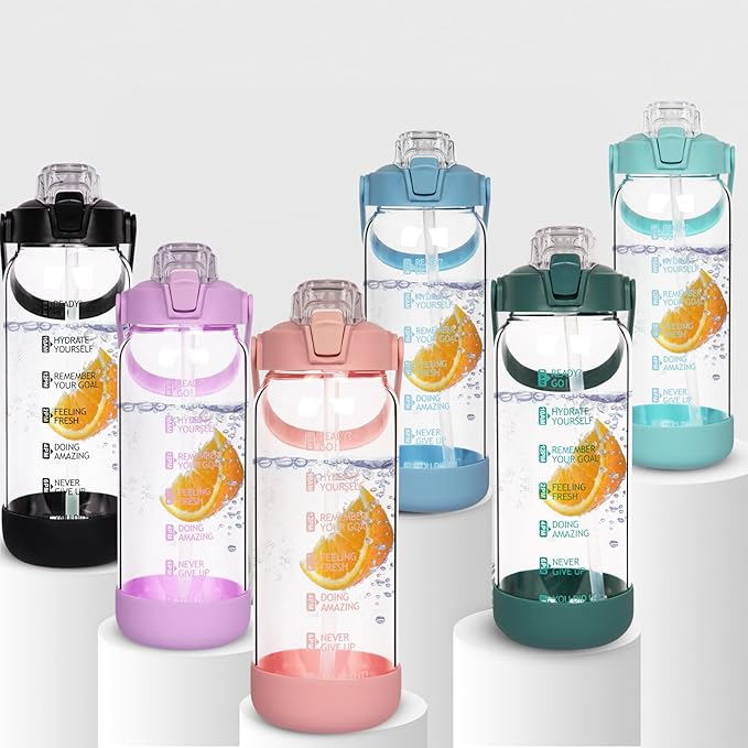 64 oz Glass Water Bottle with Straw and Time Marker, Half Gallon Large Motivational Borosilicate Glass Drinking Bottle with Silicone Boot and Sleeve
