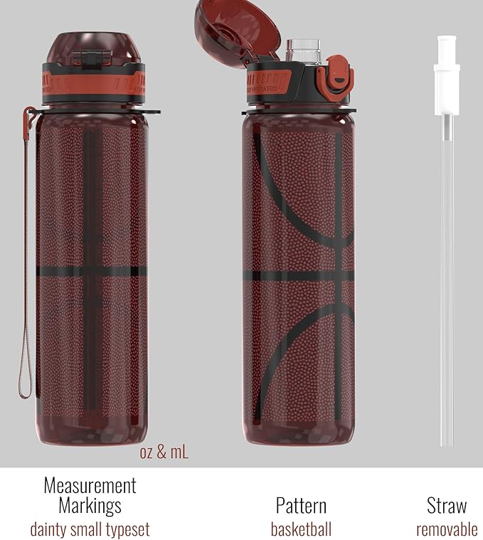 32oz/1L Sport Water Bottle, Light Tritan, Quick-Open Chug Lid/Straw 2-in-1, Leak-Proof, Dishwasher-Safe, BPA-Free, Drop-Resist & Scratch-Resist for Travel/Gym/Office/Fan Gift (Basketball 2)