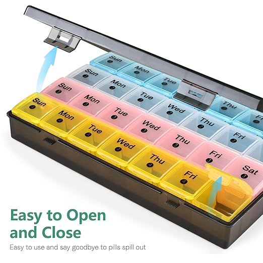 Monthly Pill Organizer 28 Day, 4 Weeks Pill Box 7 Day, XL Weekly Medicine Organizer for Vitamins, Fish Oil, Supplements (Multicolor+Black)