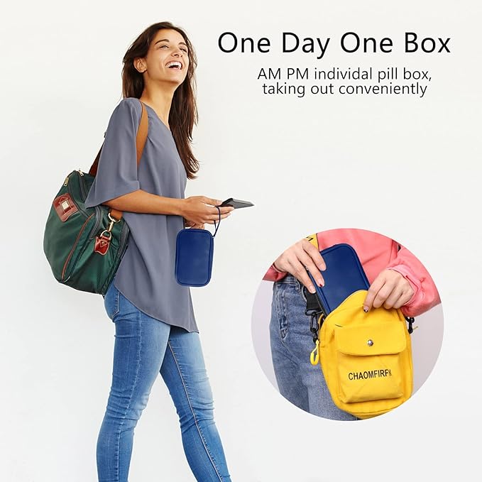 Weekly PU Leather Pill Bag Organizer Case 2 Times a Day, AM PM Daily Pill Box to Hold Vitamin, Fish Oil, Supplements and Medicine (Blue)