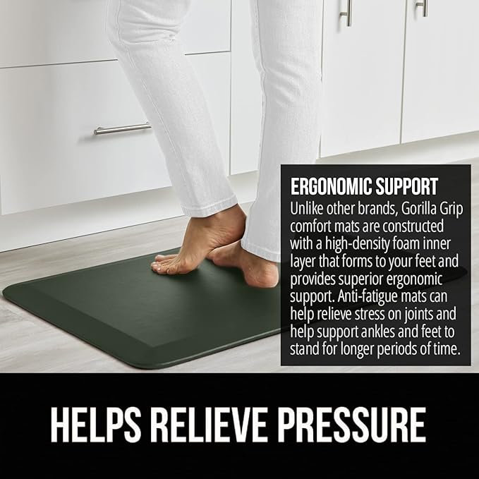 GORILLA GRIP Comfortable Cushioned Kitchen Mats for Floor, 48x20, Waterproof and Stain Resistant Soft Top, 3/4 Inch Thick Ergonomic Standing Desk Anti Fatigue Mat, Foam Supports Feet, Hunter Green