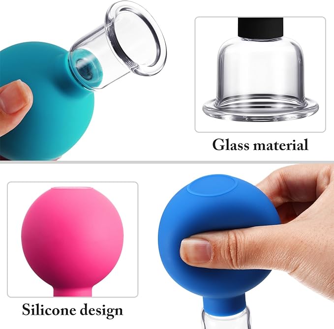 BBTO 4 Pcs Glass Facial Cupping Set Silicone Vacuum Suction Massage Cups Skin Tightening Therapy for Face Body Eyes Back Shoulder Pain(Multicolor)