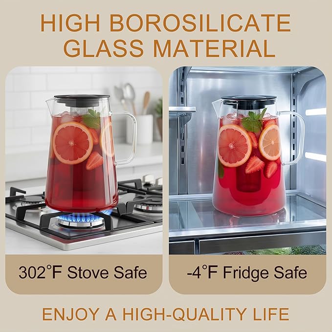 Glass Pitcher with Lid,3 Liter 101oz Glass Water Pitcher,Cold/Hot water jug, Iced Tea Pitcher, Large Jug for Coffee, Juice and Homemade Beverage