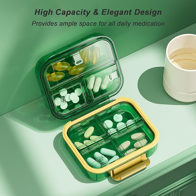 Portable Travel Pill Organizer with 7 Compartments - Perfect Weekly Pill Case Waterproof Pill Box for Daily Vitamins and Medicine, Small Pill Container for Pocket Purse (Black)
