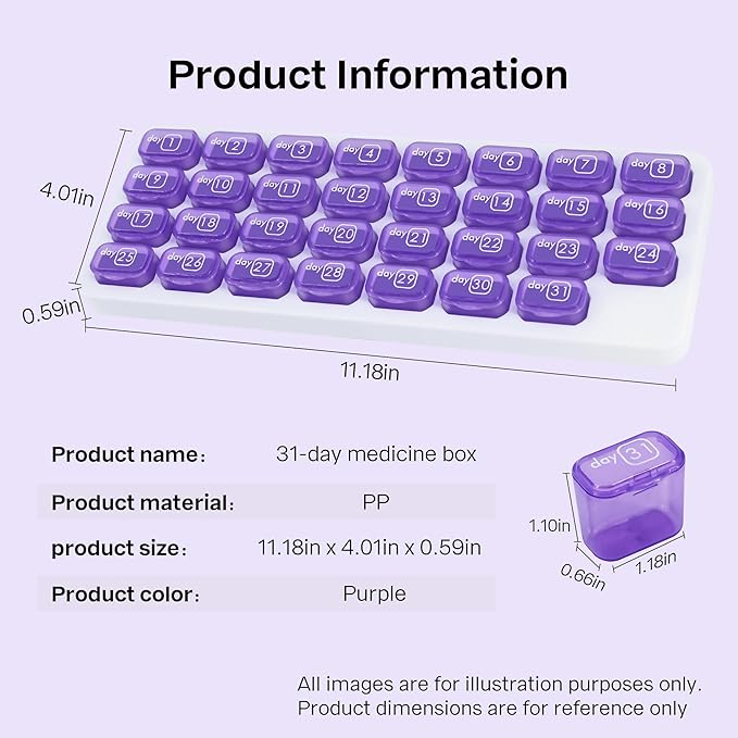 Monthly 31 compartments Pill Organizer Day Pill Organizer for Medicine Vitamin Holder Container (Purple)