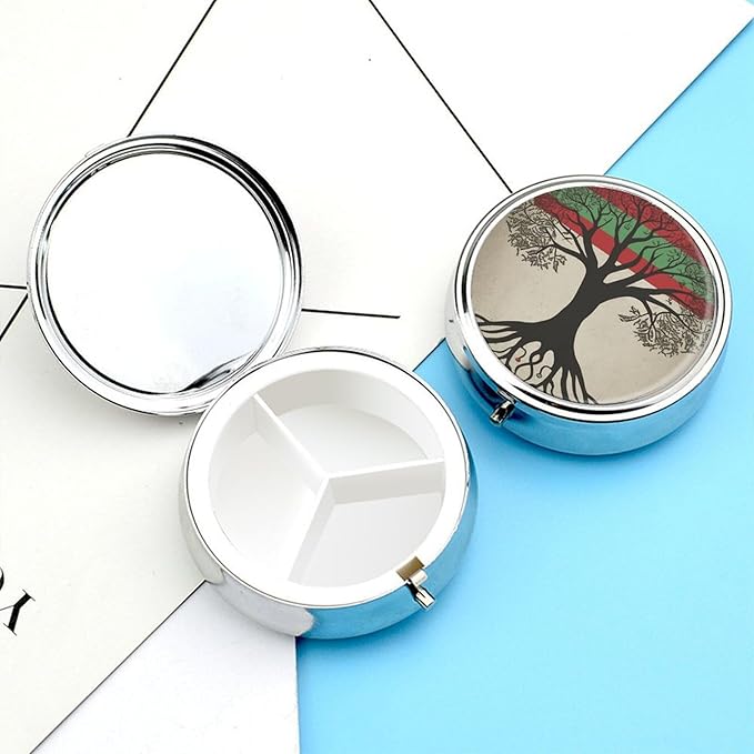 Tree of Life Palestinian Flag Pill Box Travel Pill Case for Purse Pocket Weekly Medicine Organizer with Mirror 3 Compartment Round Medicine Case Portable PillcaseHolder for Daily