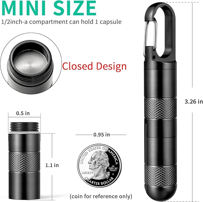 Micro Pill Holder Keychain Titanium Pill Case for Purse Small Pill Container Travel Black Pill Box Medicine Bottle Organizer for Vitamin Fish Oil Supplement (Black+1 Closed Extension Tube)