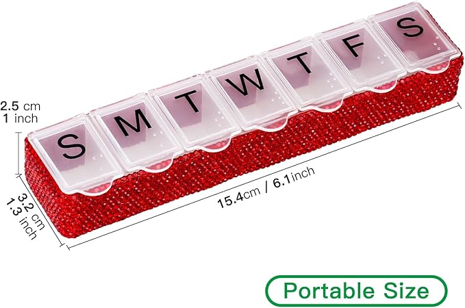 Soleebee Portable Weekly 7 Day Pill Organizer, Bling Crystal Pill Box Case, Travel Pill Planner, Pill Dispenser, Medicine Vitamin Container Organizer (Red)