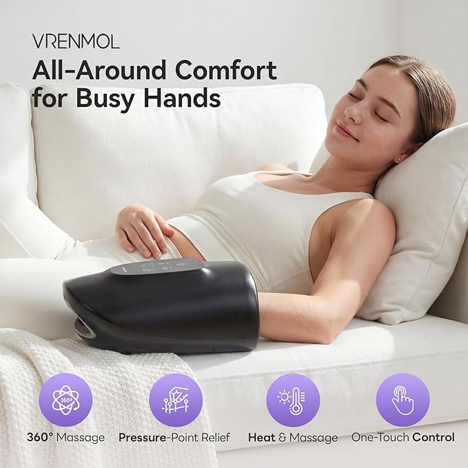 vrenmol Hand Massager with Heat and Compression: Heated Hand Massager Rechargeable Massager 5 Level Compression 3 Modes 5 Temperatures Full Cover Massage for Wrist Gifts for Women Men