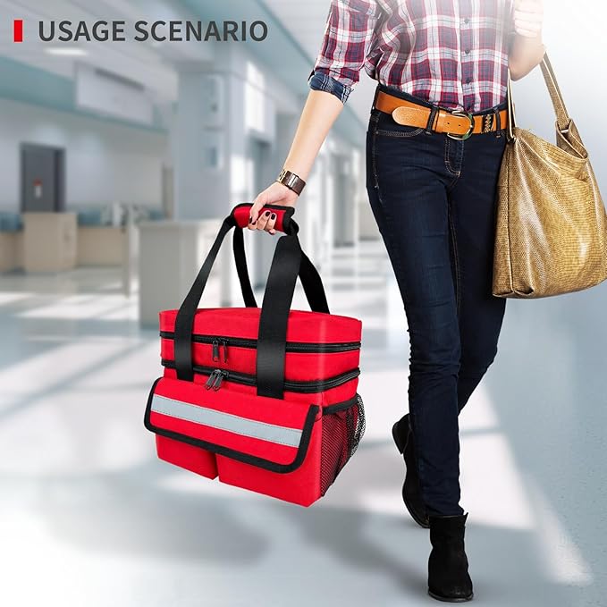 Large Pill Bottle Organizer Storage with Removable Dividers & Double Layer, Travel Medication Bag for Prescription Bottles, Medical Supplies, 11.8”x8.1”x9.5” (Red,Bag Only)