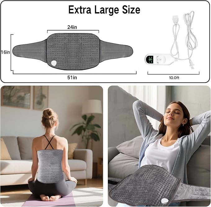 Extra Large Heating Pad for Period Cramps/Back Pain Relief,16 * 24" Heat Pad+27" Belt Wearable（51" in Total 4 Timer(0.5H/1H/2H/4H) 9 Heat 10ft Long Cord Electric Wrap Around Heating Pad(Gray)