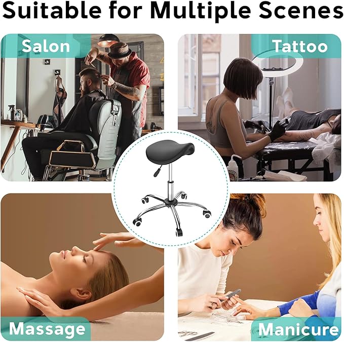 Professional Saddle Stool with Wheels Rolling Saddle Stool with Extra-Wide Base Heavy-Duty Stable Stool Adjustable Height Ergonomic Chair for Office, Workshop, Salon & Clinic