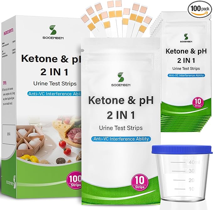 2-in-1 Ketone Test Strips, 100cts Keto and pH Strips Urine Test for Ketogenic & Low-Carb Diets with Urine Cup, Ketosis & pH Test Strips for Urine
