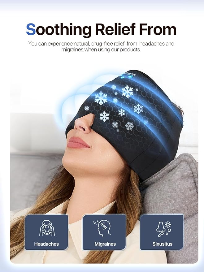 Migraine Relief Cap with Bluetooth Headphones, Sleep Headphones, Wireless Headache Relief Cap, Soothing Headache Ice Pack Mask Products, Face Cold Compress Head Wrap for Tension, Stress & Sleep
