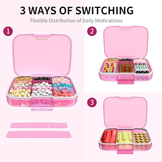 Restree Pill Organizer, Large & Waterproof Travel Pill Case, Adjustable Dividers for Daily Vitamins, Supplements, Fish Oil - Portable Medicine Box for Home & On-The-Go, 9 Compartment (Pink)