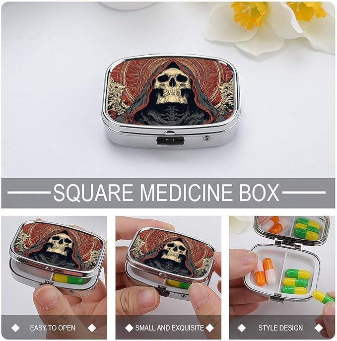 Metal Pill Organizer – 2-Compartment Pocket Pill Box for Vitamins, Supplements, Medications – Compact Travel Case (Reaper Skull with Sacred Halo)