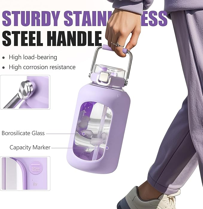 Large Glass Water Bottles with Stainless Steel Handle,100 oz Gallon Drinking Bottle with 2-in-1 Straw Lid,3 Liter Glass Water Jug with Silicone Sleeve,Wide Mouth,Purple