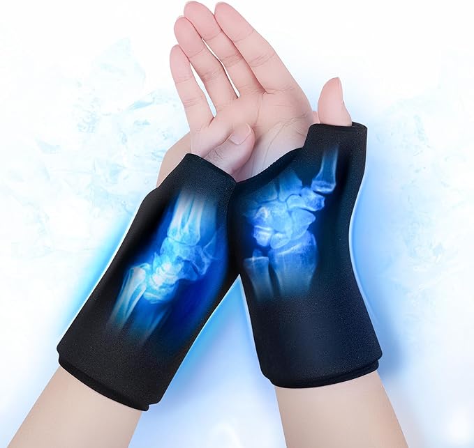 2-Pack Reusable Thumb & Wrist Gel Wraps - Hot/Cold Therapy for Pain Relief, Carpal Tunnel, Arthritis, Tendonitis & Swelling (Black, Medium*2)