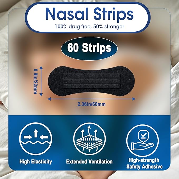 Nasal Strips for Snoring - Extra Strength Nose Strips for Breathing (60 ct), Black Nose Tape for Sleeping and Sports, Nasal Congestion Relief, Oil & Sweat Proof