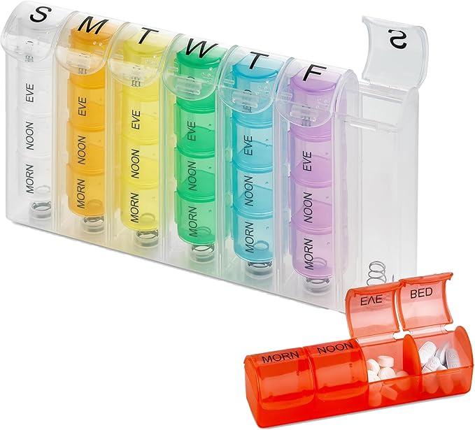 Weekly Pill Organizer - Pill Planners for Pills and Vitamins Day Week, 4 Times-a-Day Medication Reminder, AM PM Compartments Monday to Sunday for Travel or Purse (Case of 40)