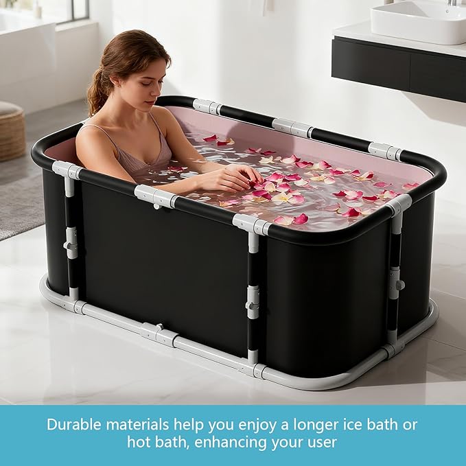Simcat 45" Large Portable Foldable Bathtub with Metal Frame for Adult (1.2 meters pure black includes cushion and drain pipe)