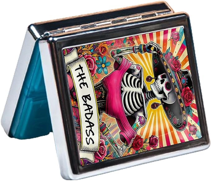 Silver Vintage Pill Box 7 Day Metal Pill Box with Mirror and 8 Compartments Cute Travel Pill Organizer for Purse (The Dancing Skeleton)