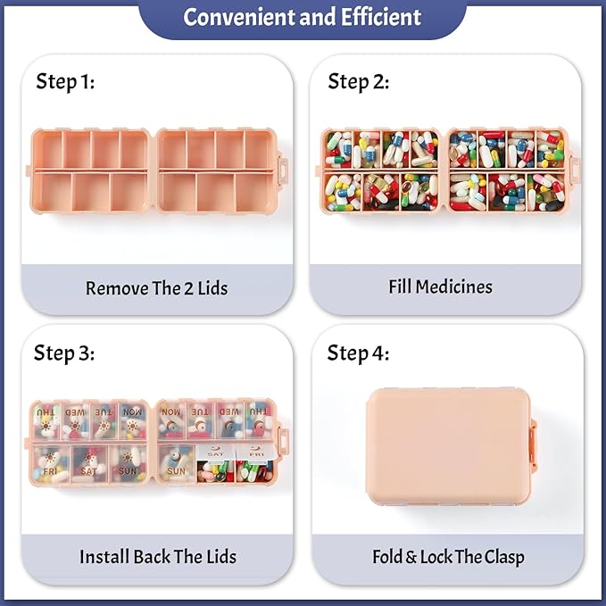New Foldable & Double Protection Portable Weekly Pill Organizer 2 Times A Day with Etched Labels, AM PM 7 Day Week Medicine Box, Daily Travel Pill Case Holder Dispenser for Vitamin, Supplement - Pink
