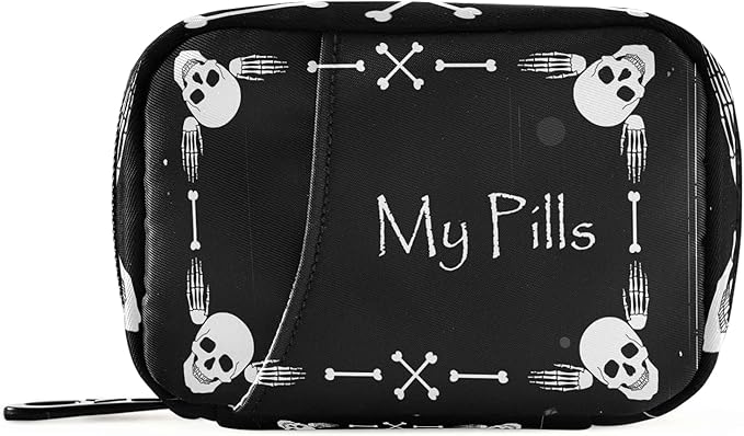 Halloween My Pill Box 7 Day Skull Pill Case Travel Pill Organizer Bag with Zipper Portable Weekly Case Compact Size for Vitamin Supplement Holder