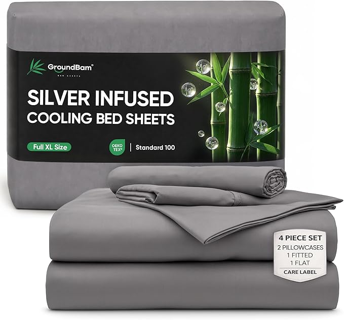 Silver Infused Bed Sheets Set, Temperature-Regulating Fabric with Self-Cleaning Technology for 3X Freshness Sleep (Grey, Full XL)