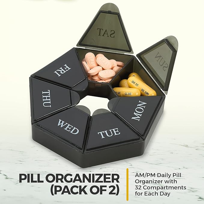 Weekly Pill Organizer - (Pack of 4) 7-Day Pill Container - Arthritis Friendly Portable & Compact Travel Case Daily Compartment Medicine Pills Box for Supplements, Medication, Vitamins and Fish Oils