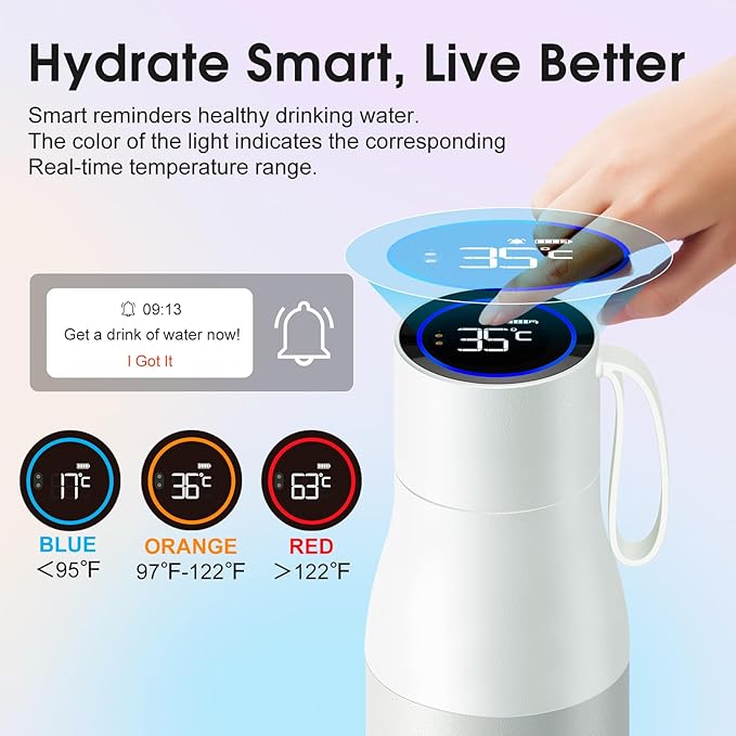 VSITOO 15oz Mini Smart Water Bottle，Self-Cleaning Insulated Bottle, Small Thermoses with AI, App & Touchscreen, Perfect Purse Water Bottle for Travel, Gym & Office, White
