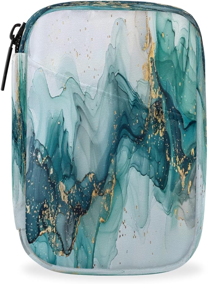 Abstract Teal Marble Travel Pill Organizer Box Weekly Portable Pill Case Daily Pills 7 Day Small Birth Control Pills Container Removable Compartments for Medicine Vitamins Fish Oil