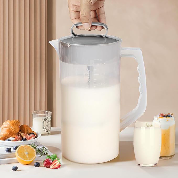 Mixing Pitcher for Drinks, 2 Quart/ 64oz Plastic Water Pitcher with Lid, Angled Plastic Blades and Adjustable Mixer Plunger for Juice, Powdered Milk, Beverage Container (Two)
