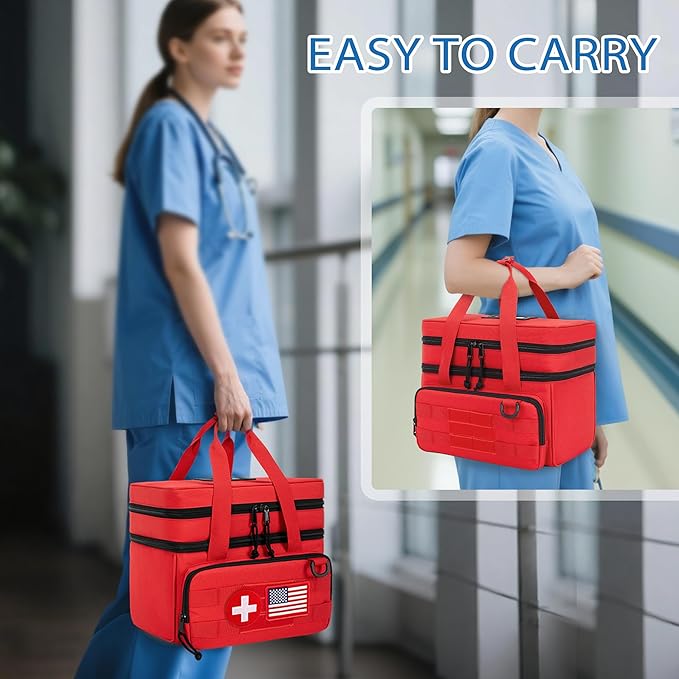 CURMIO Tactical Pill Bottle Organizer Case, Double Layers Medicine Storage Bag for Medication Bottles, Vitamins, Medical Supplies, Red (Bag Only)