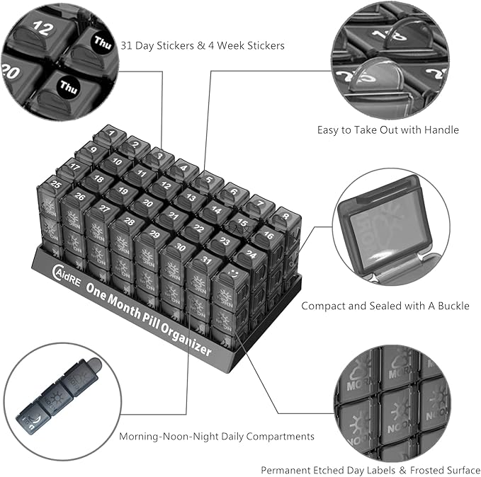 Monthly Pill Organizer 3 Times A Day, One Month Pill Box Organizer Morning-Noon-Night, 31 Day Pill Organizer with 32 Daily Compartments for Fish Oil, Vitamins, Supplements and Medications,Black