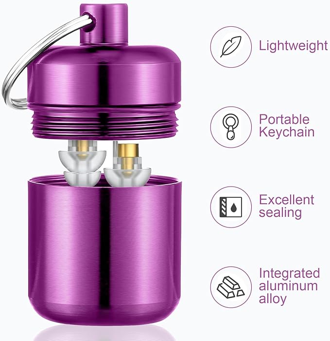 Hicarer 4 Pack Ear Plug Carrying Case, Waterproof Metal Ear Plug Holder with Keychain, Portable Small Pill Case Container for Earplugs, Jewelry, Pill Organizer for Travel or Sports(Silver, Purple)