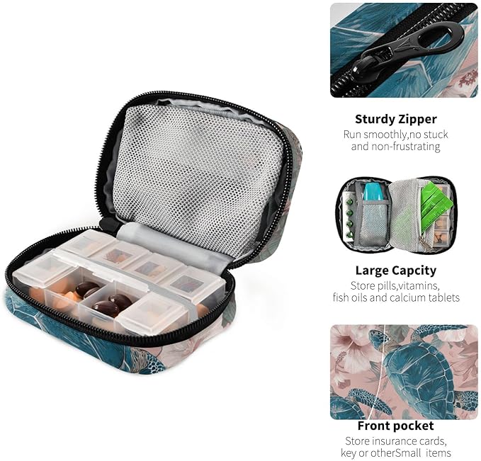 Pink Sea Turtles and Hibiscus Travel Pill Organizer Case Box Container Weekly Portable Vitamin Medicine Holder Storage Bag with Zipper Removable