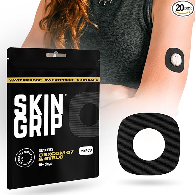 Skin Grip Adhesive Patches Compatible with Dexcom G7 & Stelo CGM with Cutout – Waterproof & Sweatproof Cover for Continuous Glucose Monitor Sensor, Stays Secure for 10-15 Days – 20 Pack, Black