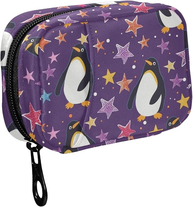 Fustylead Cute Penguin and Colorful Stars on Purple Background Pill Organizer for Purse, Weekly Portable Pill Box with Zipper to Storage Vitamins Fish Oils Medications Supplements