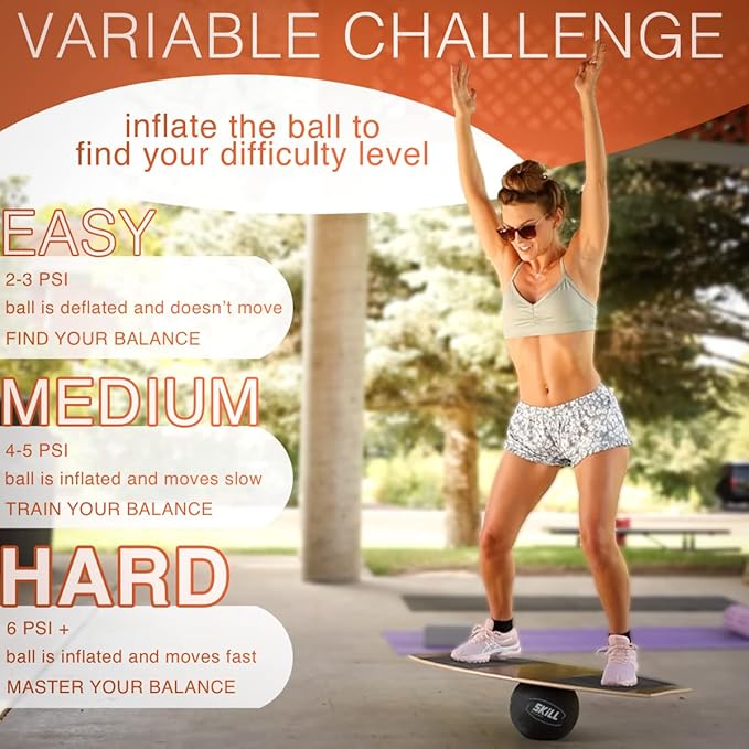 The Skill Board - Wooden Balance Board for Adults - Wobble Board for All Sports, Gym, Standing Desk, or Yard Games - Balance Trainer, Fitness Ball, Ball Pump, Grip Tape