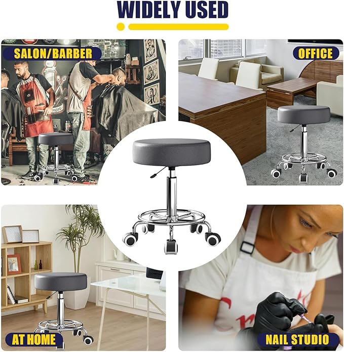 Rolling Stool, Heavy Weight Capacity 250lb, PU Leather Rolling stools, Ultra Soft Padded Seat, Rolling Stools with Wheels and Footrest, 360° Swivel, Spa Drawing Salon Work Office Tattoo Stool (Grey)