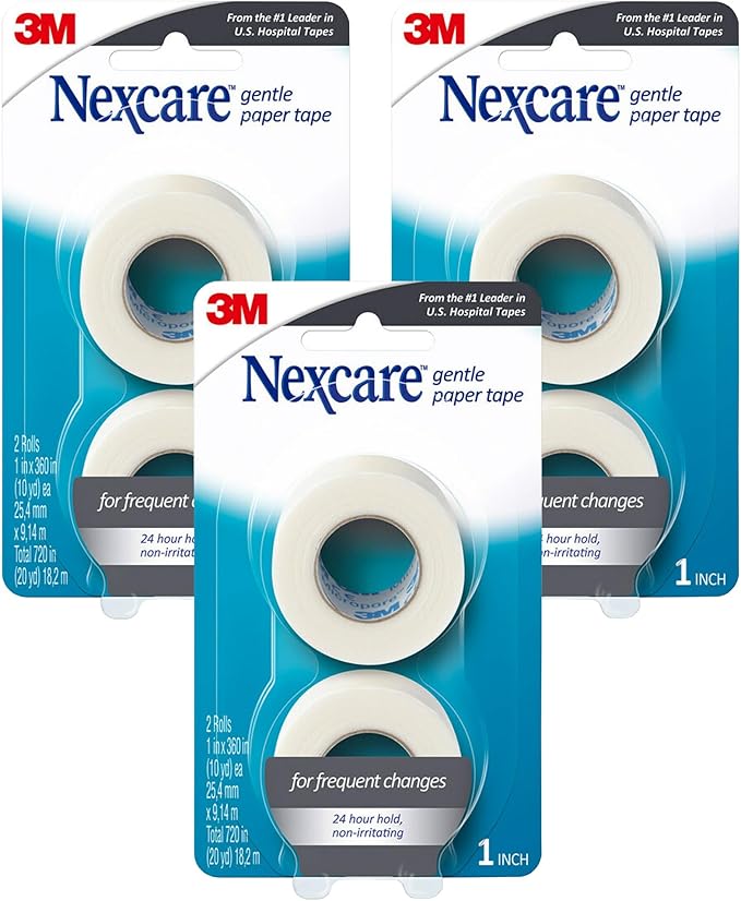 Nexcare Gentle Paper Tape, Medical Paper Tape, Secures Dressings and Lifts Away Gently, 1 in x 10 Yards, 3-Pack (6 Rolls)