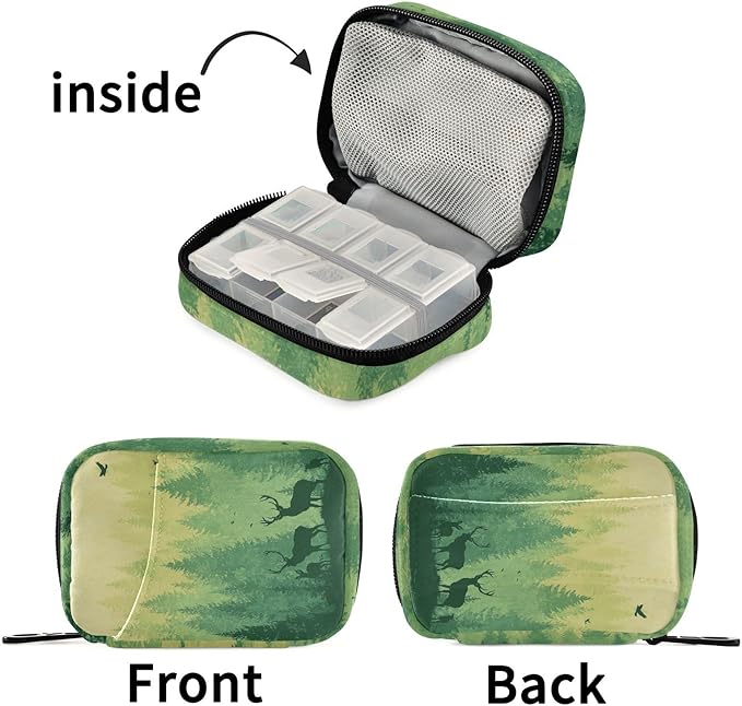 Gradient Yellow Green Deer Herd and Birds Travel Pill Organizer Case Box Container Weekly Portable Vitamin Medicine Holder Storage Bag with Zipper Removable