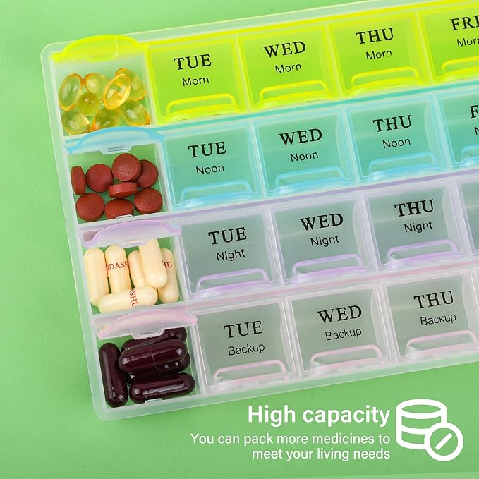 Large Weekly Pill Organizer 4 Times A Day,Pill Container, Moisture-Proof 7 Day Pill Box, Travel Pill Cases Portable for Pills Vitamin Fish Oil Supplements (2pack)