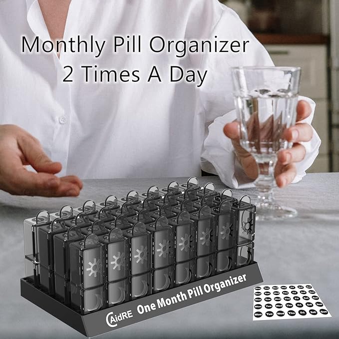 Monthly Pill Organizer 2 Times a Day, CAidRE 30 Day Pill Organizer AM PM, One Month Pill Boxes and Organizer, 31 Day Pill Organizer with Weekly Pill Holder for Fish Oil, Vitamins, Supplements, Black
