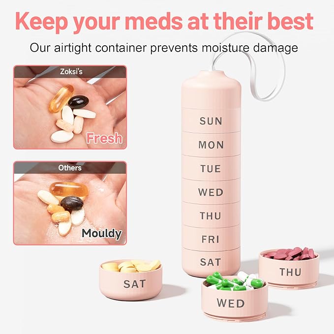 7 Day Pill Organizer, Travel Pill Box with Effortless Opening Design, Zoksi Weekly BPA Free Medicine Organizer with Large Container, Portable Waterproof Case for Vitamin, Fish Oil, Supplement