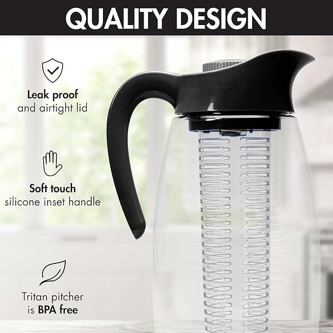 Primula Flavor-It Beverage System, Includes Large Capacity Fruit Infuser Core, Tea Infuser Core, and Chill Core, Dishwasher Safe Pitcher, 2.9-Quart, Black (Pack of 4)